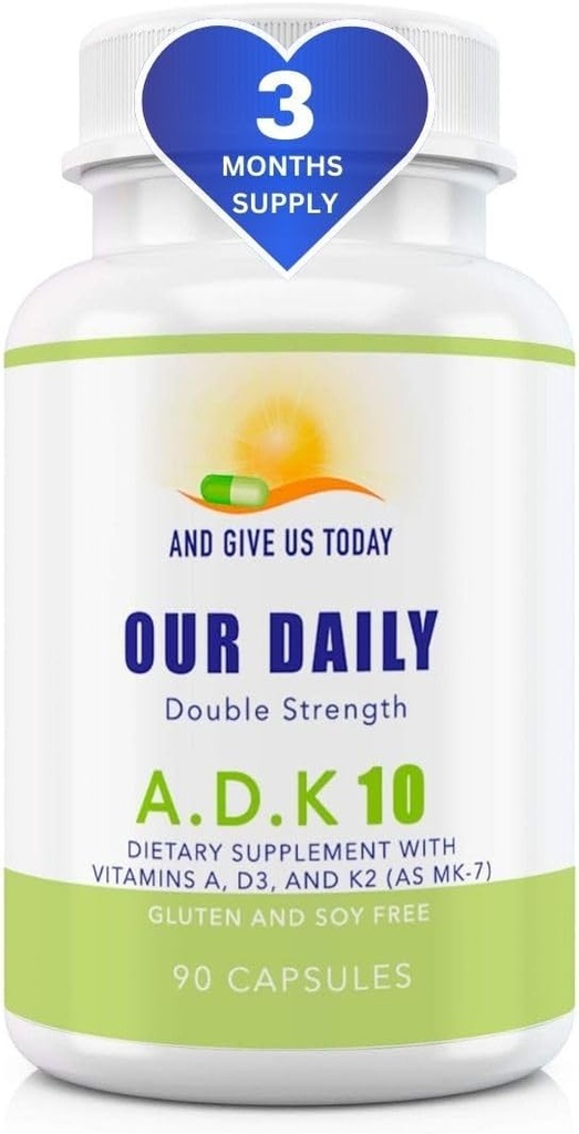 Nuestras Vitas diarias ADK 10 doble fuerza (10.000 iu) vitaminas A1, D3 &amp; K2 (como MK7) - Fisiciana bonificación &amp; sistema de inmune suplemento de soporte - Gluten libre, no GMO - 90 cápsulas vegetarianas