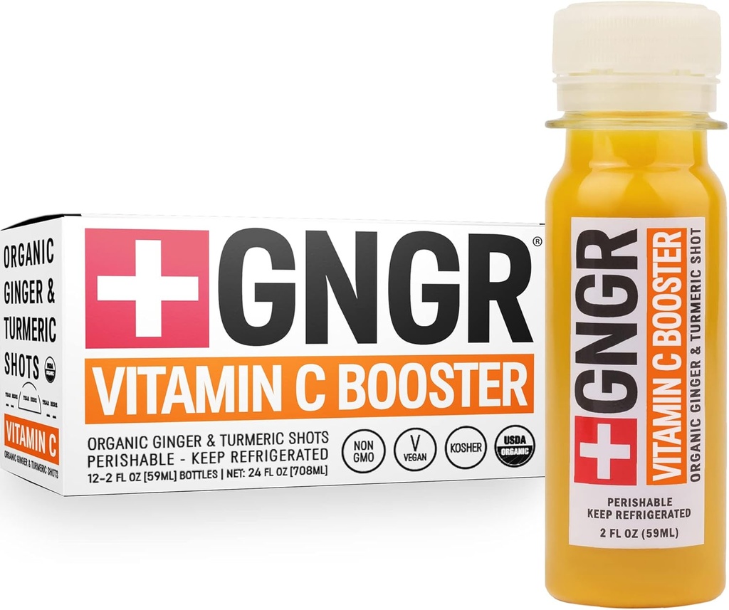 +GNGR Vitamin C Immunity Booster Cold-Pressed Ginger Shot with Turmeric, Cayenne, Acerola, Immunity Shot with Peruvian Ginger Juice for All Natural Immune & Digestive Support 2 fl oz (Pack of 12)