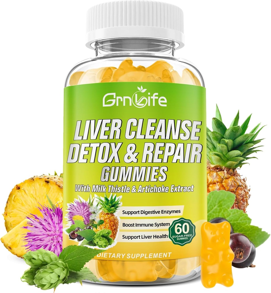 Liver Cleanse Detox &amp; Repair Gummies with Milk Thistle 3000mg, 24-in-1 Liver Health Supplement with Dandelion, Artichoke, Sugar Free Liver Detox Gummies, Pineapple Flavor - 60 Count