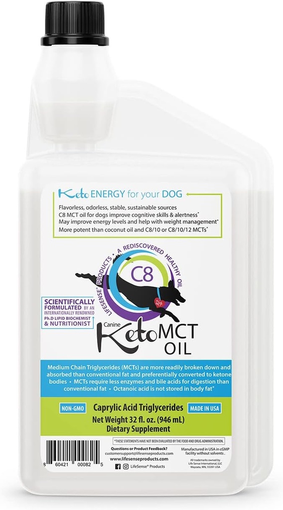 LifeSense C8 MCT Aceite para perros, Keto-Friendly, proveniente del aceite de coco, grado humano, 32 oz, hecho en EE.UU. por PhD Nutrition, combustible óptimo para perros para el cerebro y el cuerpo