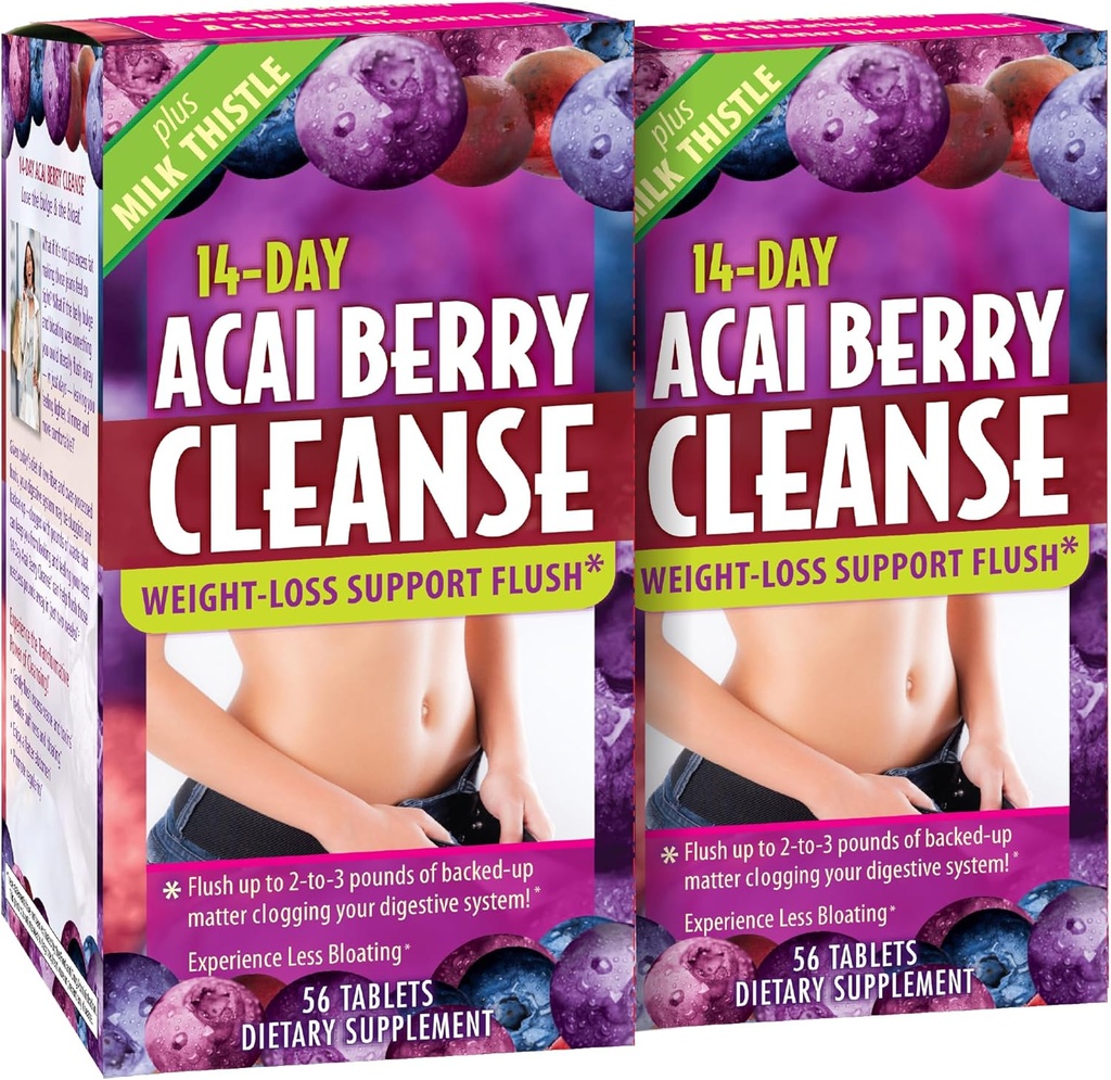 Nutrición aplicada 14 días Acai Berry Cleanse - 56 Tablets, Pack of 2 - Weight-Loss Support Flush + Milk Thistle - 56 Total Servings