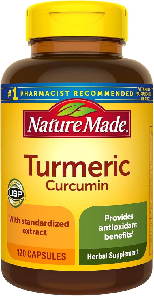 Natural Made Turmeric Curcumin 500 mg, Suplemento herbario para soporte antioxidante, 120 cápsulas, 120 Day Supply