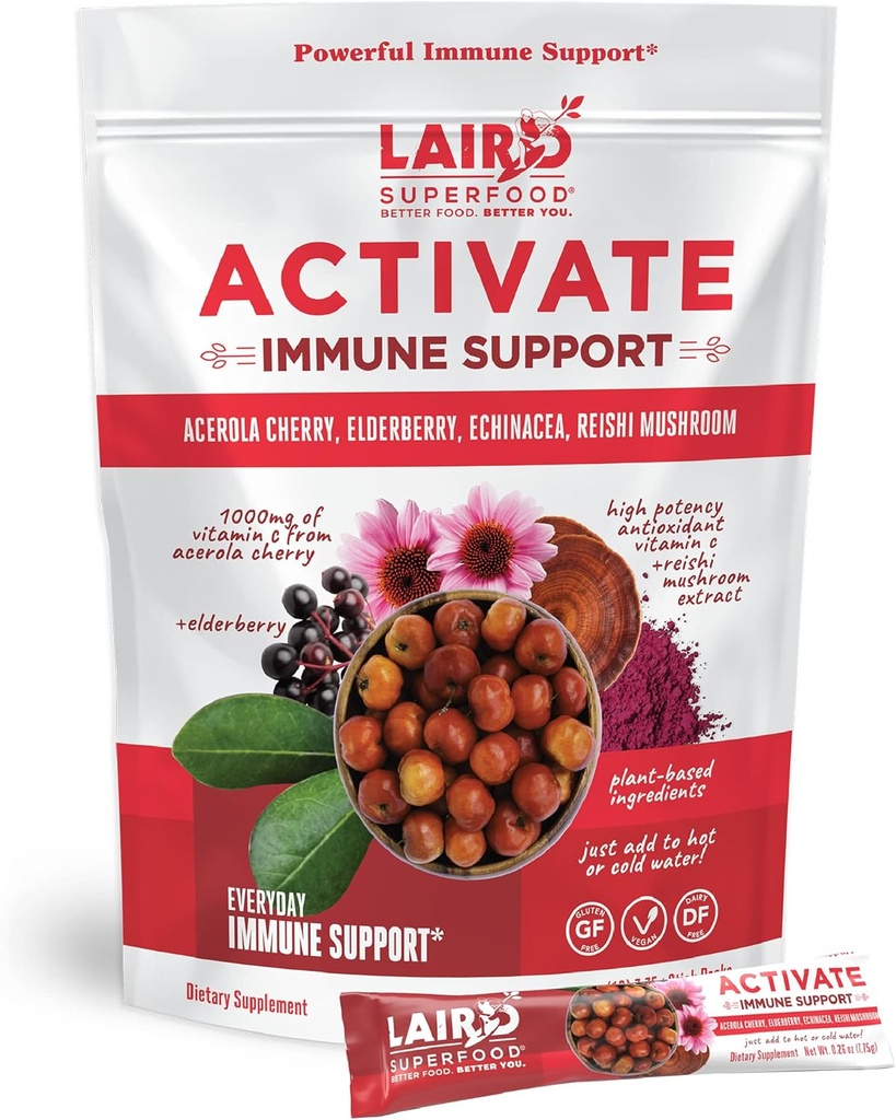 Superfood Laird Activate Immune Support Powder Drink Suplemento, 1000 mg de Vitamina C de Acerola Cherry, Elderberry, Echinacea y Reishi Mushroom, 7.75 Gram Stick, Pack de 10