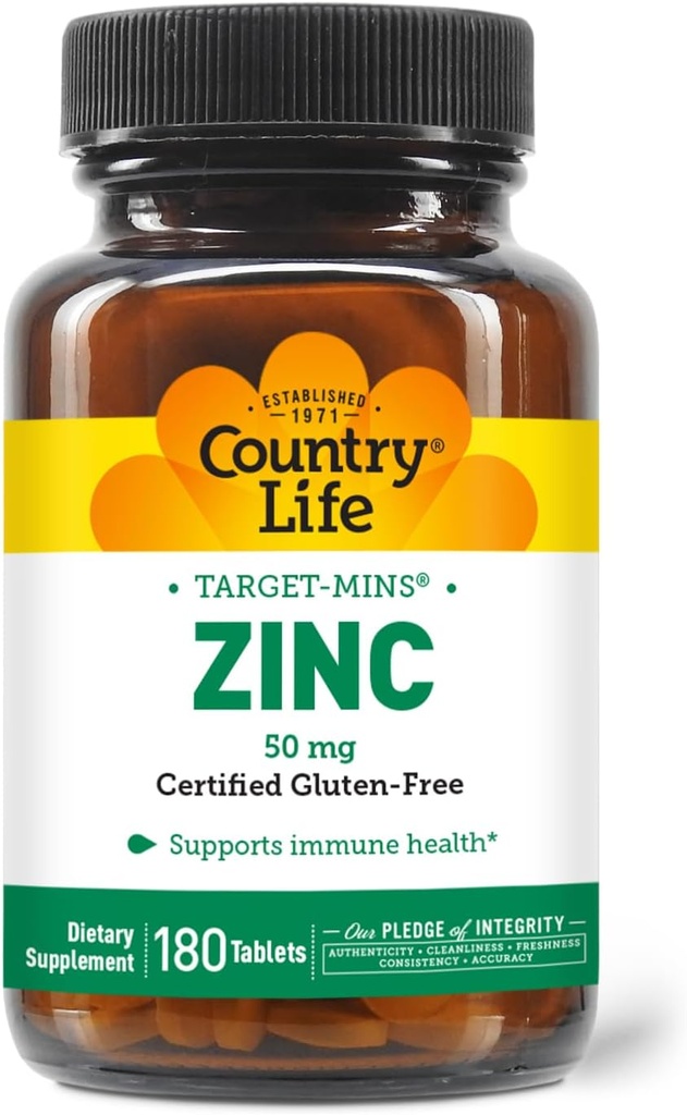 Country Life Target-Mins Zinc 50 mg 180 Tablets - Suplementos de zinc para la salud inmunitaria - Zinc 50mg - Zinc Support