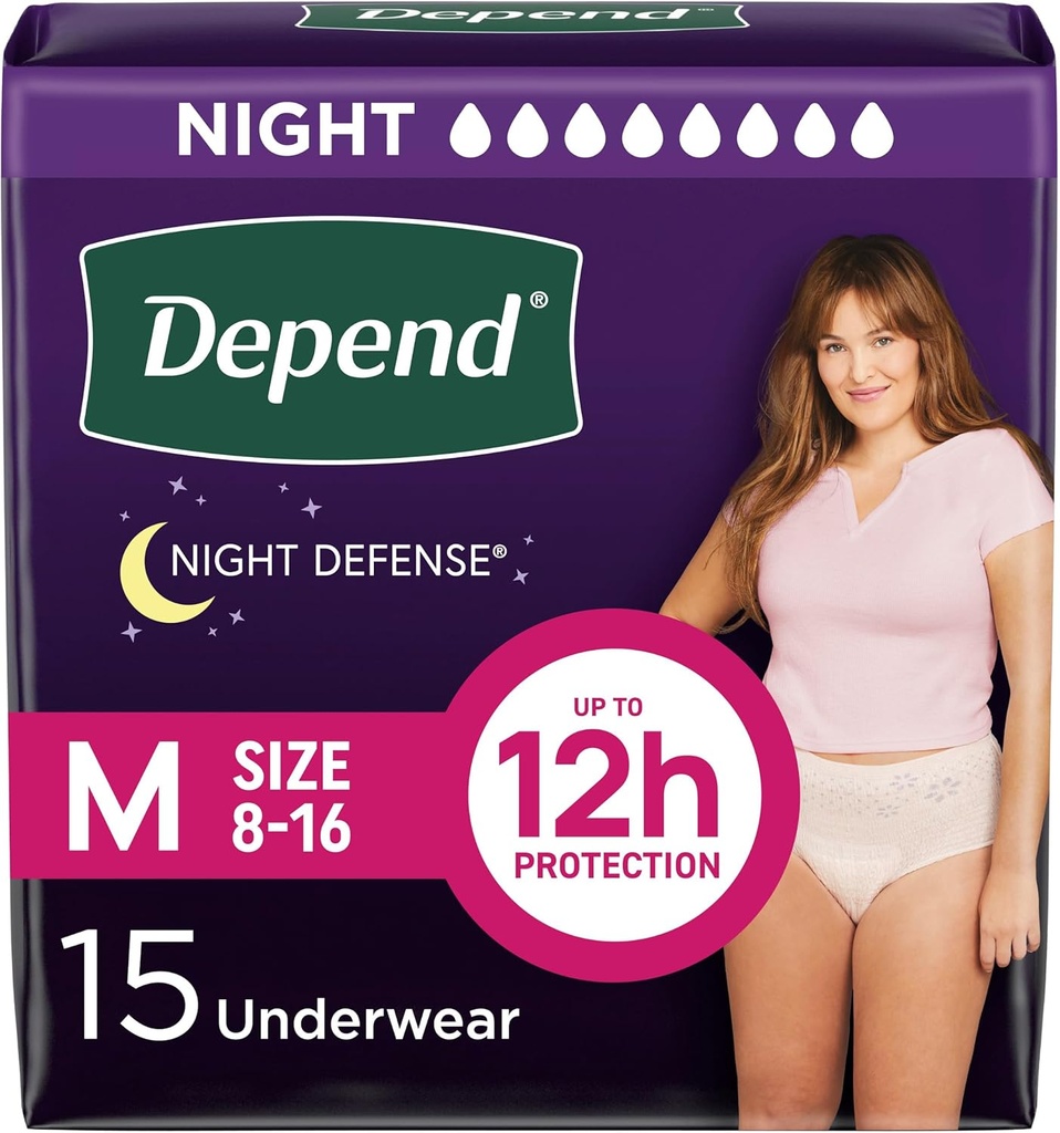 Dependido Night Defense Adult Diapers, Incontinence " Postpartum Bladder Leak Underwear for Women, Disposable, Overnight, Medium, Blush, 15 Count, Packaging May Vary