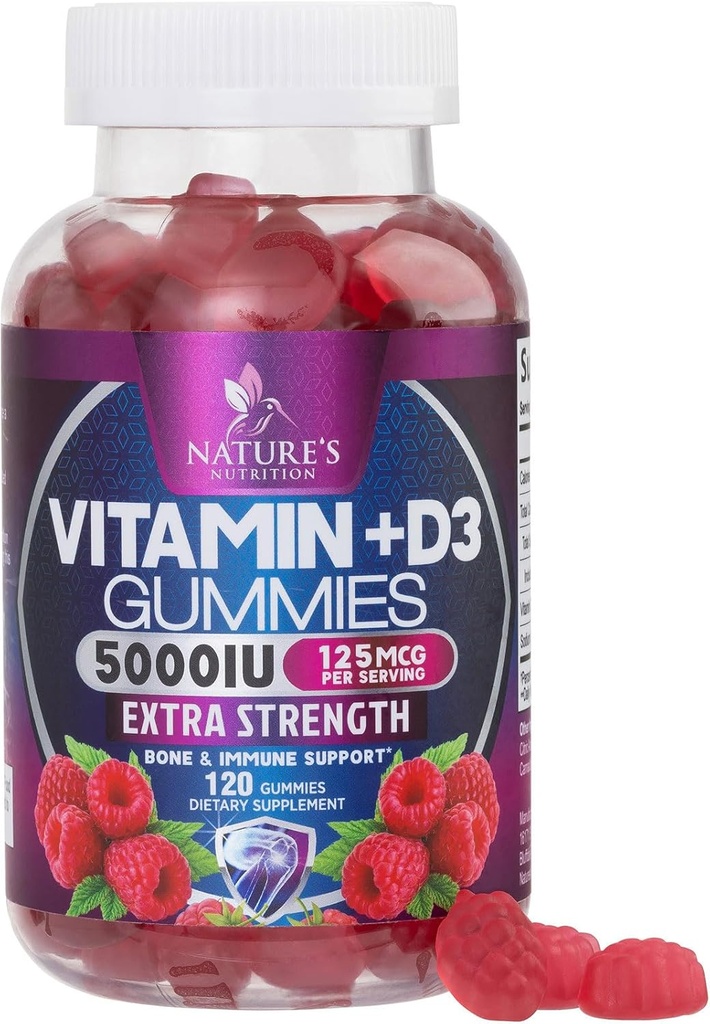 Vitamina D3 Suplemento Gummy 5000 UI (125 mcg) Vitaminas dietéticas D para hombres &amp; mujeres - Hueso, dientes, musculoso y apoyo a la salud inmunitaria, alta potencia VIT D3 La naturaleza no GMO &amp; Gluten Gratis - 120 Gummies