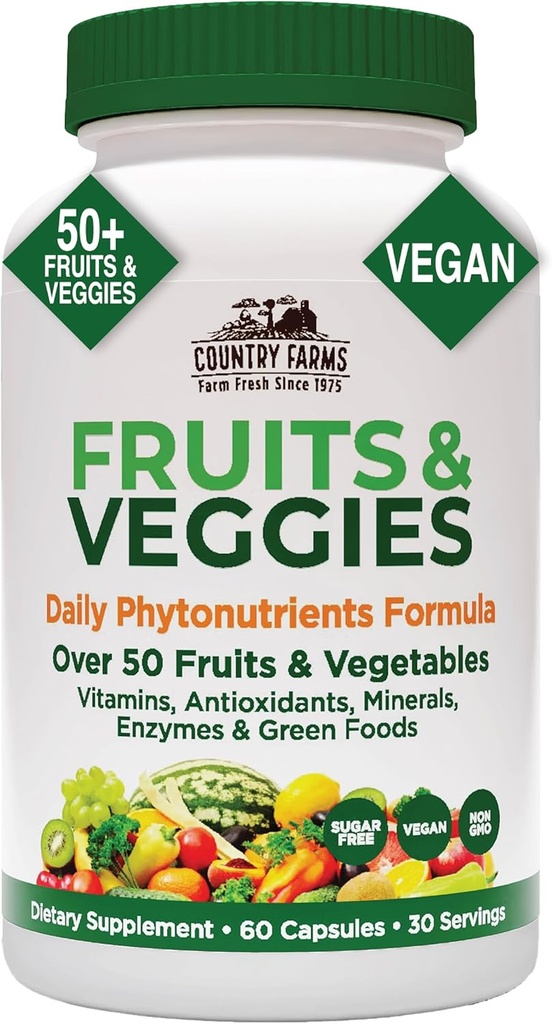 COUNTRY FARMS Super Fruits and Veggies Capsules, Whole Food Supplement, Powerful Antioxidant, Supports Energy, Immune Health, Boosts Digestive Health, 30 Super Foods, 30 Servings