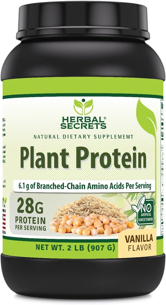 Herbal Secrets Plant Protein 2 Lb Powder TEN 28 Grams Protein per Serving TEN 6.1 Grams BCAA TEN Vegan Supplement ANTE 23 Servings ← Made in USA (2 Lb, Vanilla)