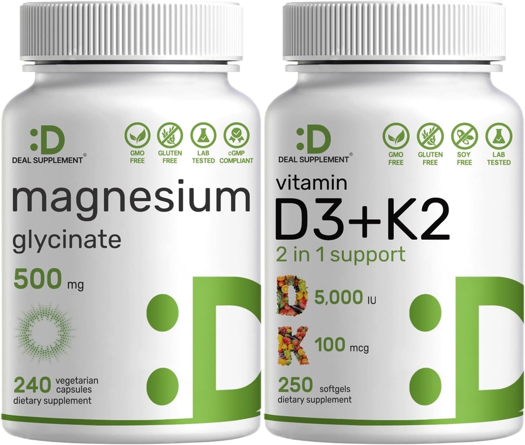 Magnesium Glycinate 500mg Veggie Capsules &amp; Vitamina D3 5,000iu + K2 100mcg Softgels Bundle – Fácilmente Absorbed Chelated Mineral – D & K Essential Sunshine Vitaminas