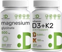 Magnesium Glycinate 500mg Veggie Capsules & Vitamin D3 5,000iu + K2 100mcg Softgels Bundle – Easily Absorbed Chelated Mineral – D & K Essential Sunshine Vitamins