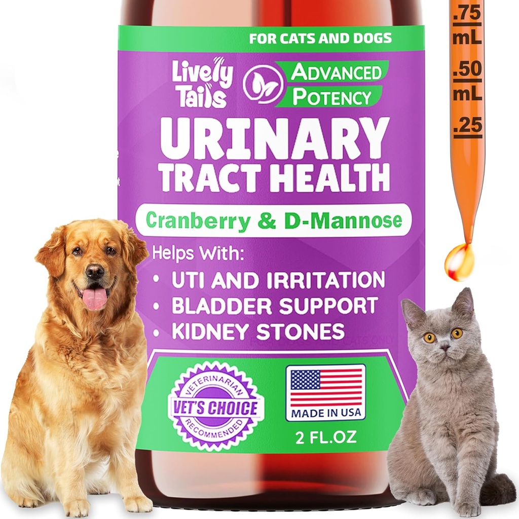 Tratamiento UTI de perro natural &amp; gato con arándano &amp; D-Mannose, vejiga, riñón, apoyo a la incontinencia, Tracto urinario saludable para perros, Mejor tratamiento de la infección de la tractona de gato, gotas fáciles de usar, 2 oz