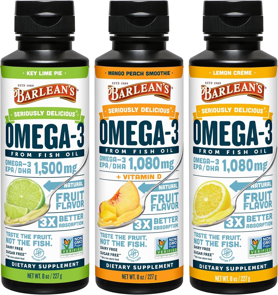 Barlean Omega 3 Fish Oil Liquid Supplement 3-Flavor Variety Pack para Hombres y Mujeres, EPA y DHA Fatty Acid, Incluye Key Lime Pie, Lemon Crème y Mango Peach Flavors, 8 oz