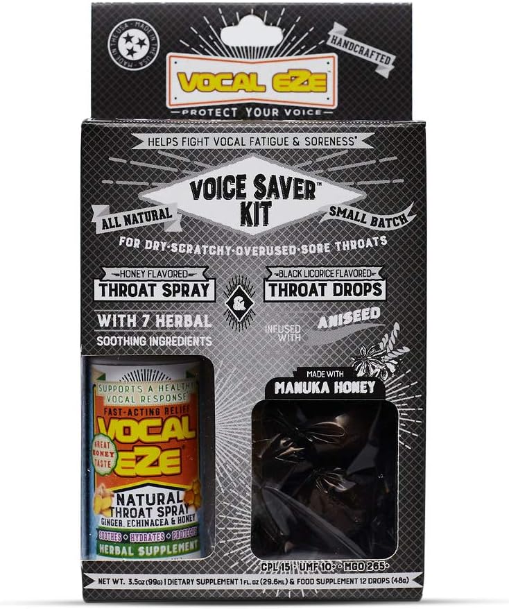 Vocal Eze Voice Saver Kit, Incluye Vocal Herbal Throat Spray (1) y (12) Manuka Honey Drops ¦ Relieve Sore, Hoarse, Fatigue, Dryness of Throat ¦ Immune Support, Natural Ingredients (Aniseed)