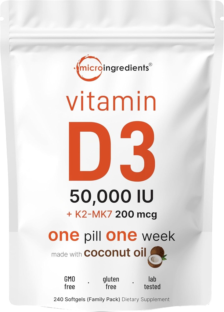 Micro Ingredientes Vitamina D3 50.000 UI + K2 MK-7 200 mcg, 240 Softgels viv Virgin Coconut Oil TEN 2-in-1 Bone, Immune & Heart Support TEN Easy to Swallow, Non-GMO