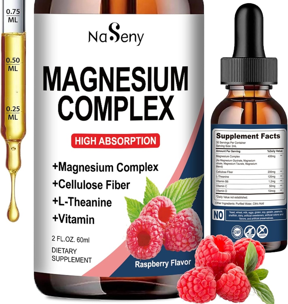 Suplemento Complejo de Magnesio, 400 mg de Glycinate de Magnesio, Malate " Citrate Vitamin Blend for Women and Men, High Absorption - for Relaxation, Good Sleep " Nerve Health (60ML/Raspberry)