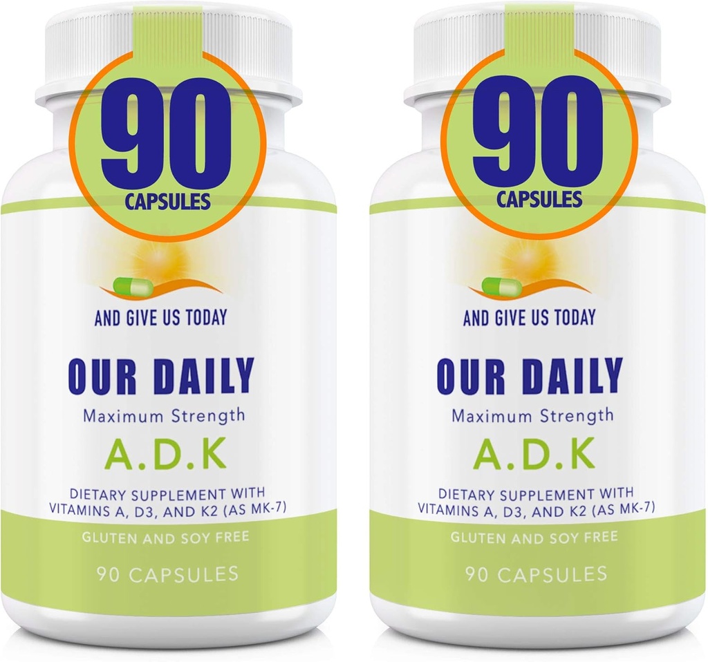 Our Daily Vites ADK Supplement - Vitamin A, D3 & K2 (as MK7) - Bone, Immune System Support - High Potency Vitamins with Non GMO Ingredients - Gluten Free, Soy Free Vegetable Capsules 180 CT