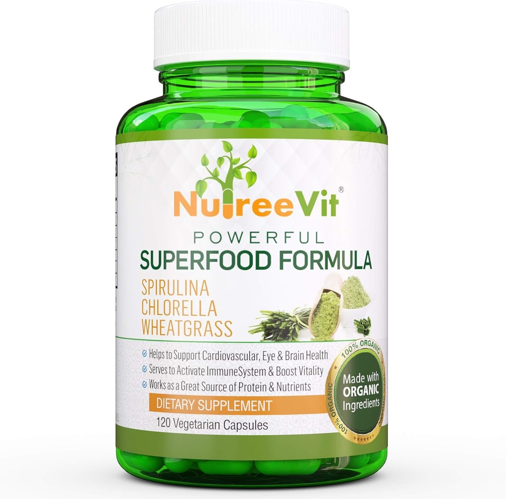 NutreeVit Puro 100% Espirulina orgánica + Clorella + Wheatgrass - Booster de energía, Immune Support, Powerful Superfood Antioxidant - Veggie Capsules  durable 500mg