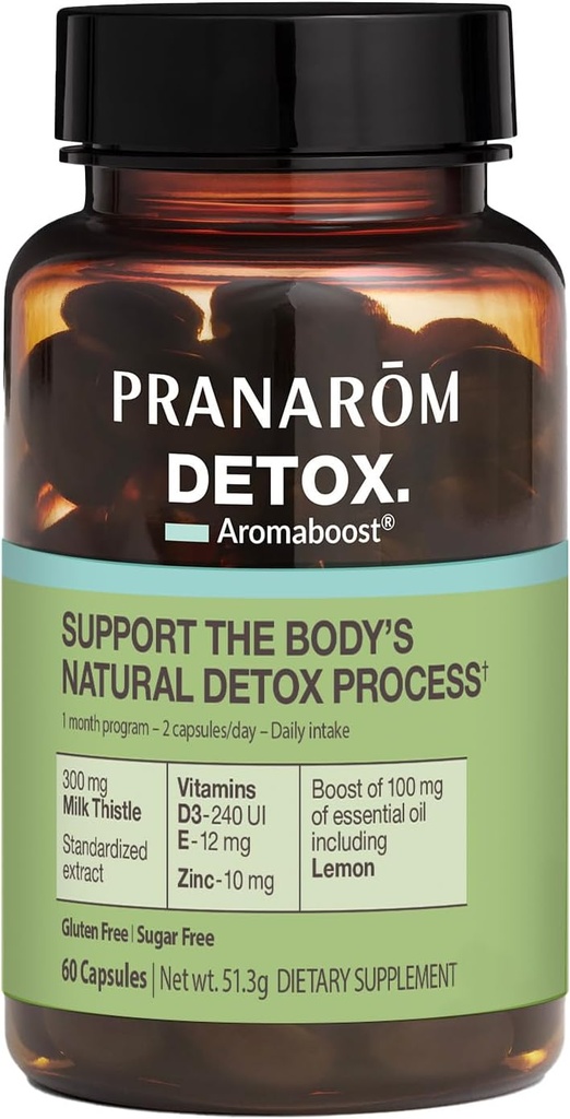 Pranarom - Aromaboost Detox Suplemento Herbal - Elimina las toxinas y los dibujos El cuerpo - Esteto de leche y zinc - Vitaminas D3 y E - Aceite Esencial de limón - 60 Cuenta