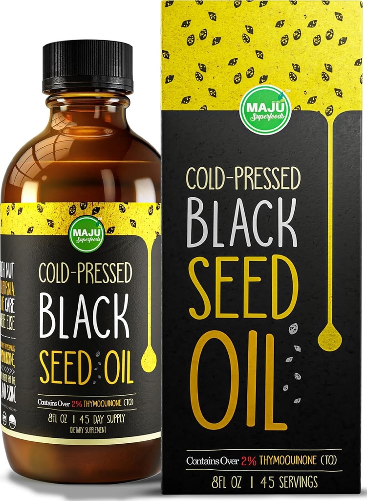 MAJU Black Seed Oil - 3 veces Thymoquinone, Cold-Presed, 100% turco Negro Cumin Seed Oil, Liquid Pure Blackseed Oil, Glass Bottle, 8 oz