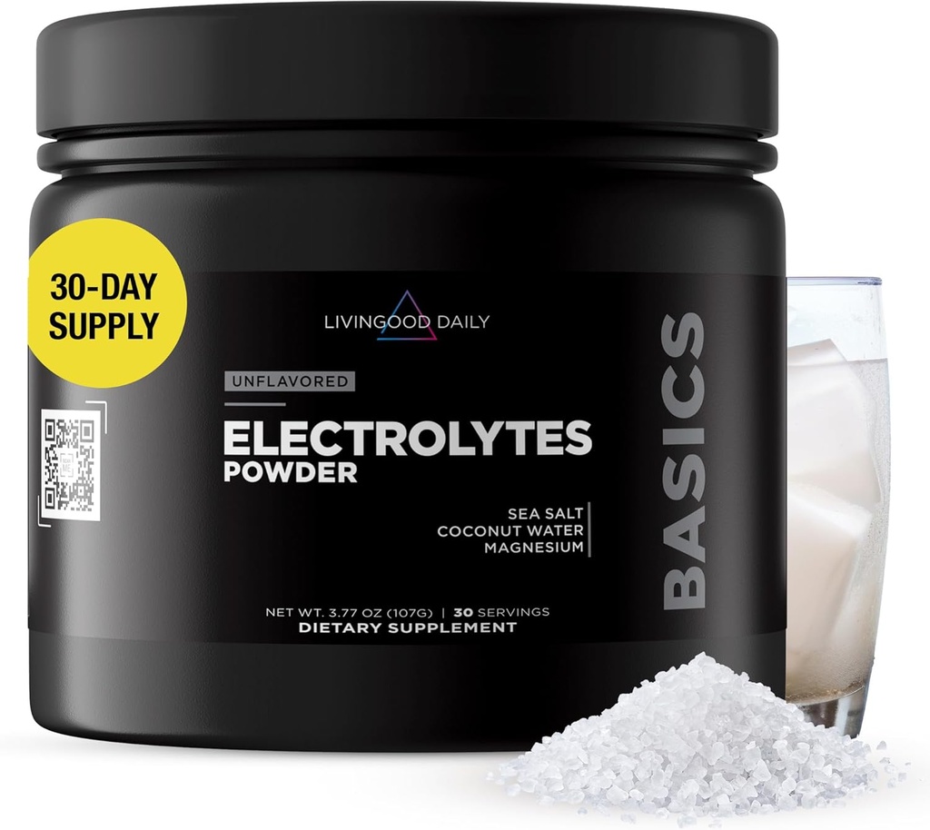 Livingood Daily Electrolytes Powder, Electrolytes Hydration Powder with Magensium, Potassium, Sea Salt and Coconut Water Sugar Free Electrolyte Drink Mix, Keto, Gluten Free, Unflavored, 30 Servings