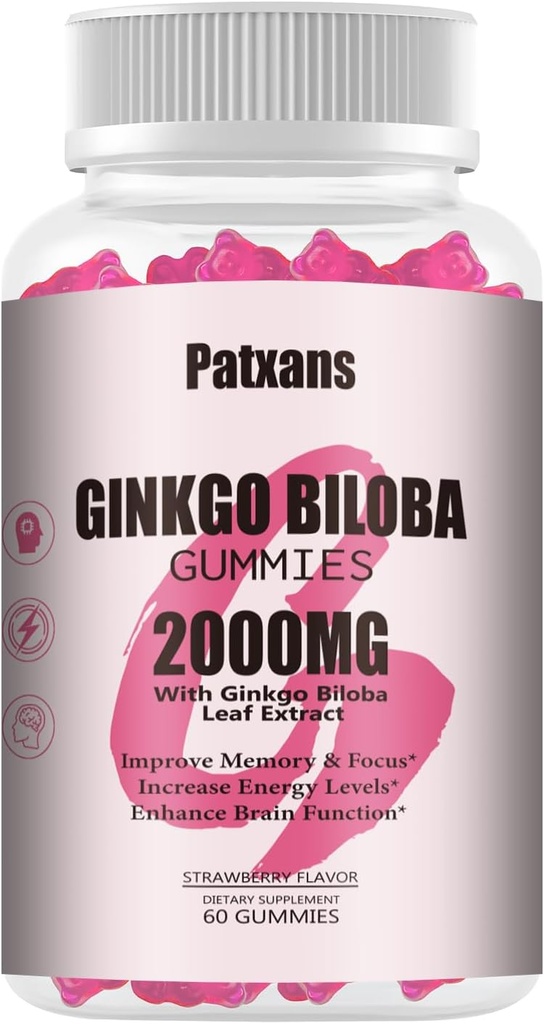 1 Pack 2000mg Ginkgo Biloba Gummies - Ginkgo Biloba Suplementos para el apoyo a la salud cerebral, mejorar el humor y el foco, energía, adulto, sabor a fresa, 60 Condes