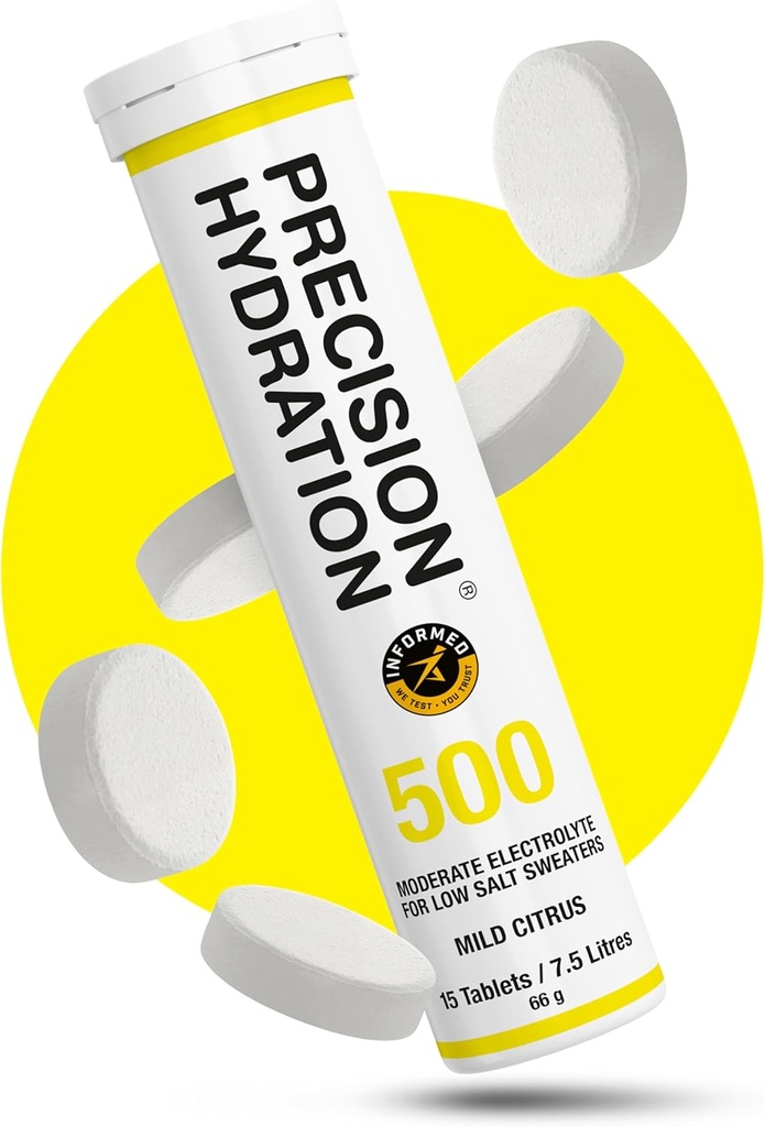 Precision Hydration Electrolyte Tablets - Multi Strength Effervescent Hydration Tablets - Baja Calorie, Gluten Free, Vegan/Vegetarian Friendly (1 Tube, 500mg/L - Yellow Tube)