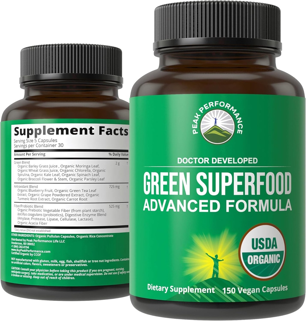 Ecológico Super Verdes 150 cápsulas - Green Juice Superfood Suplemento con 25 Todos los ingredientes orgánicos naturales. Max Energy and Detox Super Food Pills with Spirulina, Spinach, Kale, Turmeric, Probiotics
