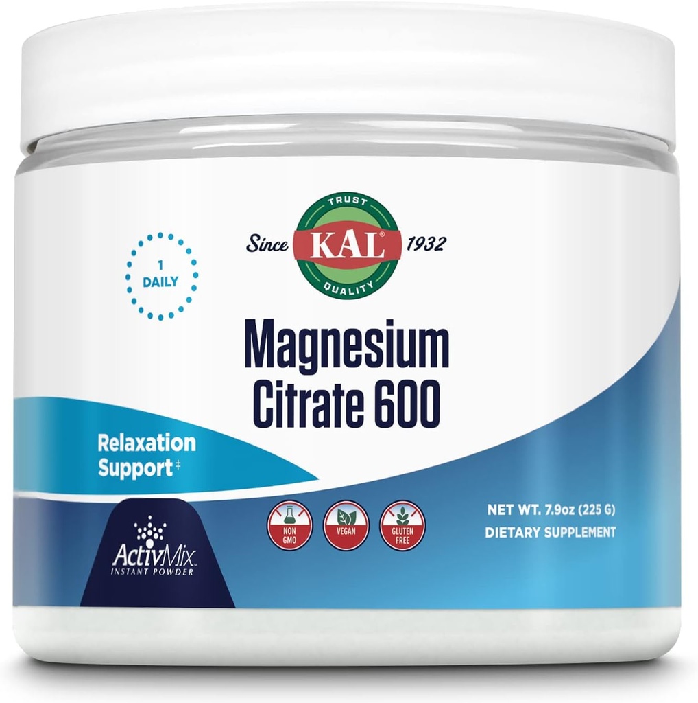 KAL Magnesium Citrate 600 mg ActivMix Instant Powder, Magnesium Supplement for Healthy Muscle Function, Relax, Nerve and Circulation Support, Vegan, Non-GMO, Gluten Free, Aprox. 60 Serv, 7.9oz