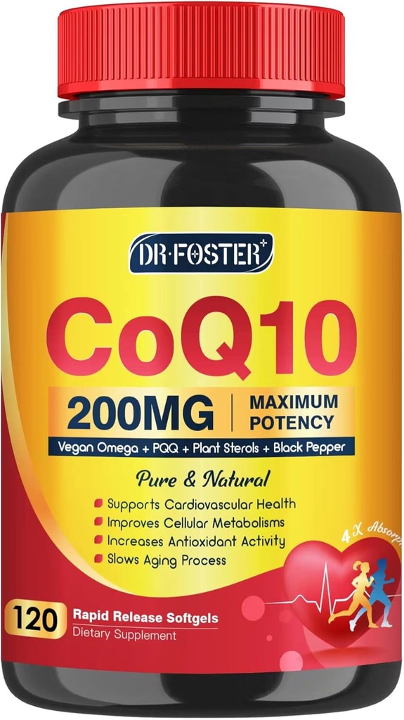 CoQ10 200mg Softgels with Vitamin E & Omega 3-6 -9 & PQQ - High Absorption Coenzyme Q10 with Bioperine | Maximum Antioxidant | Heart Supports & Cellular Energy Production Supplement | 120 Servings