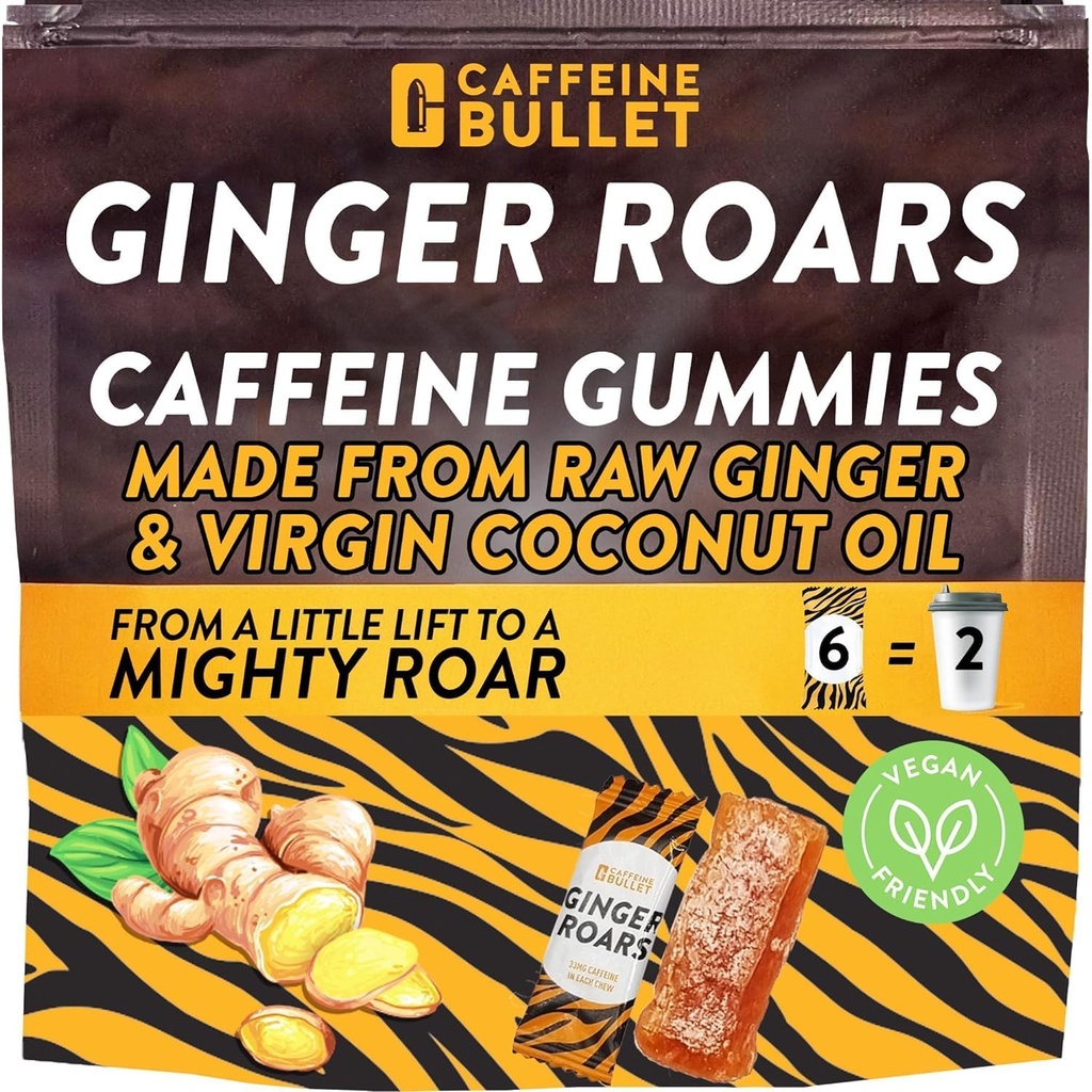 Ginger Roars - Caffeine Ginger Chews - 12 Caffeine Candies Cada 33 mg de Caffeine con un Delicious Natural Honey Ginger Sabor &amp; Fiery hint. Zapatos de energía basados en plantas, una serpiente Vegan saludable para adultos.