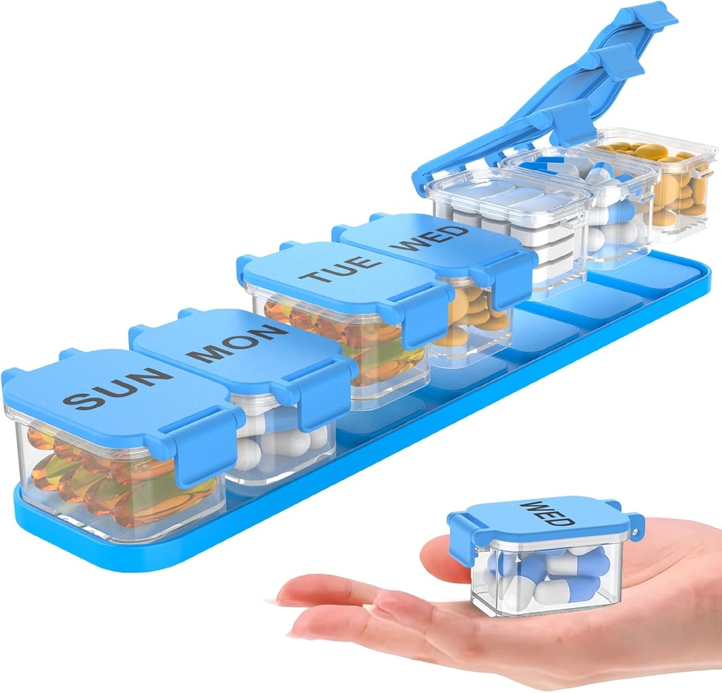 Extra Large Weekly Pill Organizer - Waterproof 7-Day Pill Box, Portable Vitamin &amp; Supplement Case, Easy to Open Design, Ideal para Viajar a nd Daily Medication Management (Blue)