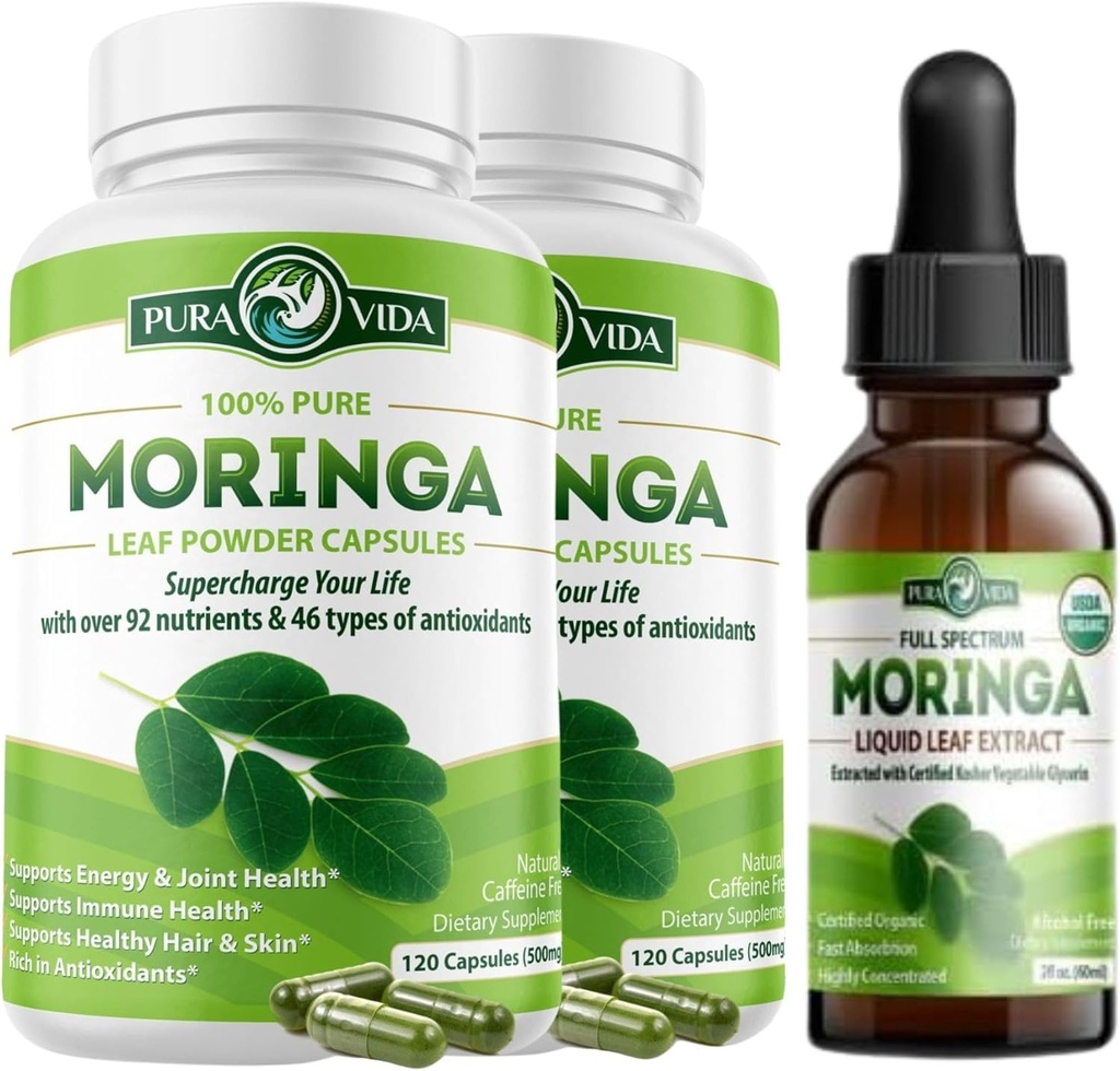 Moringa Capsules 120ct. 500mg Caps. (Pack of 2) y Orgánica Moringa Oil (2fl oz)