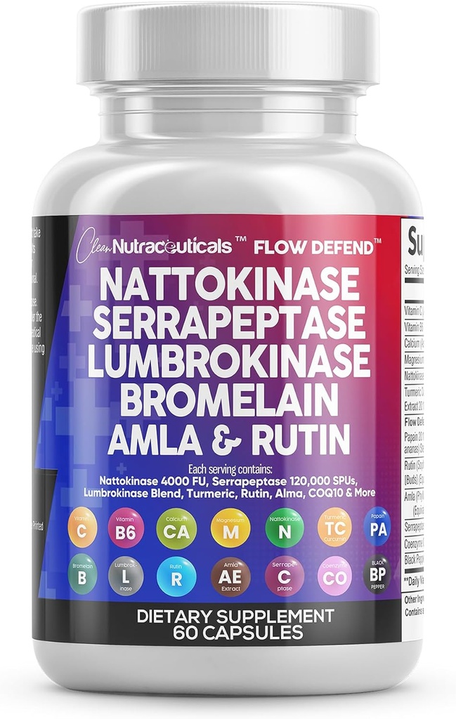 Nutracéuticos limpios Nattokinase 4000 FU Serrapeptase 120000 SPU Lumbrokinase Enzyme Suplemento con Bromelain Papain Papaya Enzymes Rutin Extracto Amla Magnesium Vitamina B6 &amp; VIT C Capsules