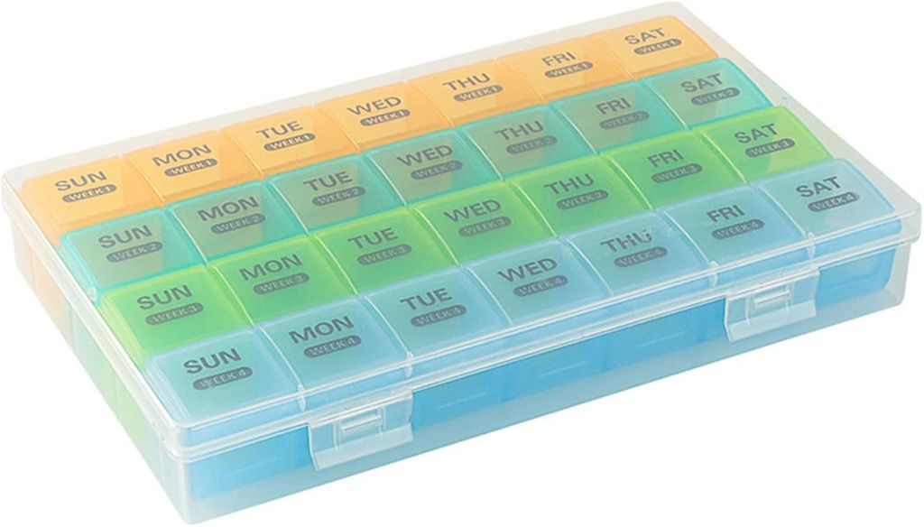Organizador mensual de píldoras 1 vez al día con caso DustProof, caja extra grande de 4 semanas Una vez al día, 28 días Contenedor de píldoras 1 por día, caso semanal de vitaminas, organizador diario de medicina para aceite de pescado