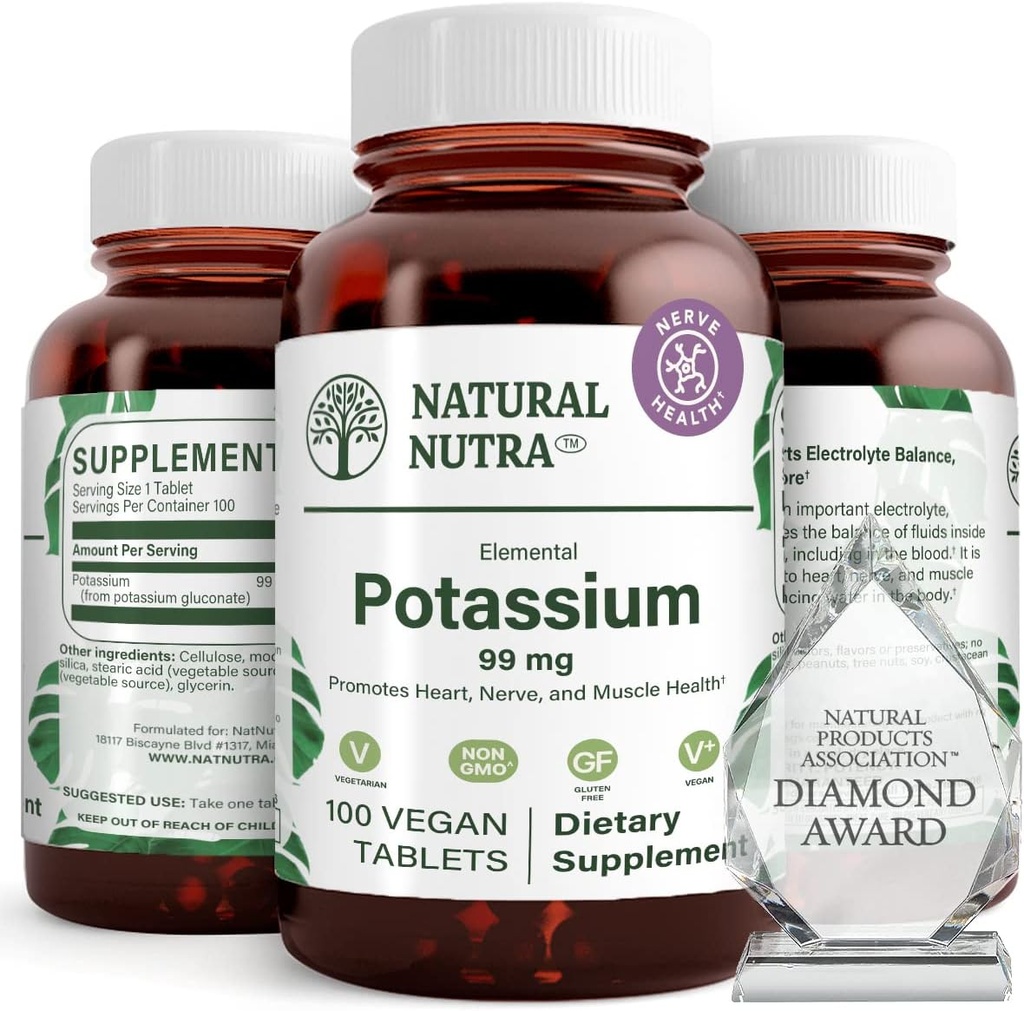 Natural Nutra Elemental Potasio Gluconato 99 mg Suplemento dietético – promueve la energía, ayuda al sistema nervioso superior, promueve la salud cardíaca, regulación mineral, función muscular - 100 tabletas vegas