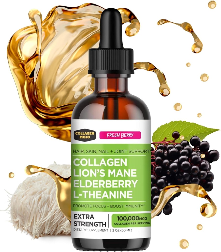 Collagen Mojo - Collagen líquido para hombres de mujeres, péptidos colágenos con musgo de maní de león, arandela &amp; l-Theanine - Cabello, piel, uñas, soporte conjunto, foco, alta absorción - 100.000mcg, 2 Oz