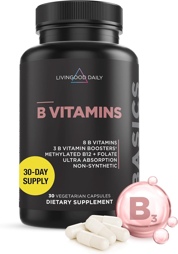 Livingood Daily Vitamin B Complex Capsules for Men and Women, Methylated B12 & Folate, 11 Active Forms Including B1 B2 B3 B5 B6 & Biotin, Gluten Free, Vegan B Vitamins for Hair Skin Nails, 30 Capsules
