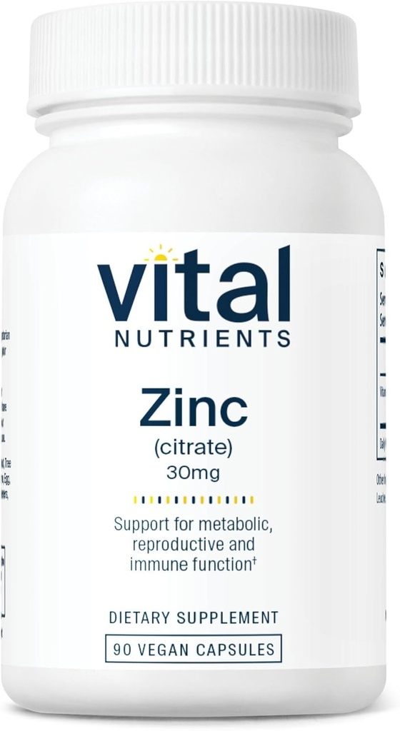 Vital Nutrients Zinc Citrate 30mg ← Fácilmente Absorbed Immune Support Suplemento* Silencio Vegan Zinc Suplemento Silencio Gluten, Dairy, Soy Free ← Non-GMO  30mg  durable 90 Capsules