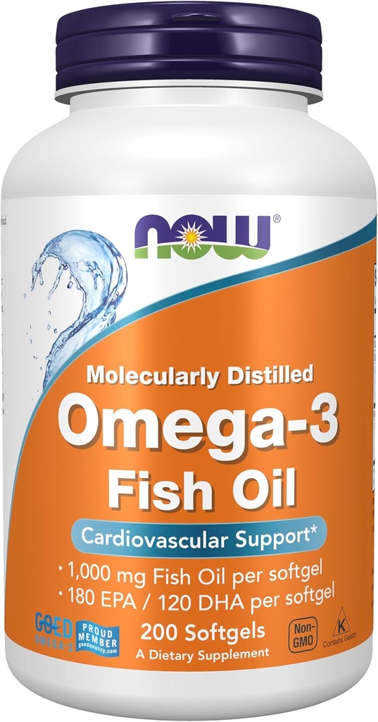 AHORA Suplementos de alimentos, Omega-3 180 EPA / 120 DHA, Destilado molecularmente, Soporte cardiovascular*, 200 Softgels