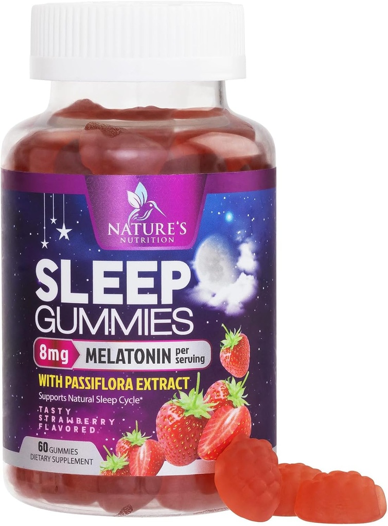 Gummies de sueño para adultos fuerza extra 8mg - Melatonina con Passiflora Extracto para el sueño relajante - Melatonina interina rápida Suplemento de goma de sueño, Vegan, No GMO, sabor a fresa Tasty - 60 Gummies