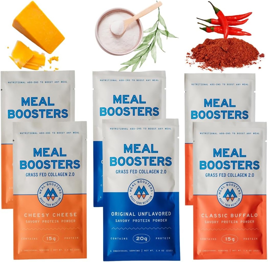 Boosters de carne MB Vaiety Pack Sampler Savory Protein Suplemento, Cheesy Cheese, Buffalo, Unflavored, Grass-Fed Collagen, Muscle Growth, Tendon, Ligament, Hair Skin Repair, Gut Health