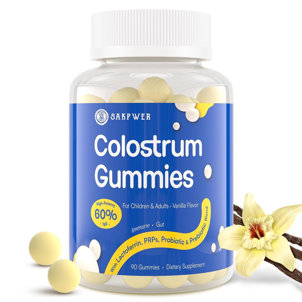 Bovine Colostrum Suplemento Gummies - con 60% IgG, Lactoferrina, Probióticos y Prebióticos para Adultos y Niños, Vanilla Flavor & Sugar Gratis, 90 Gummies