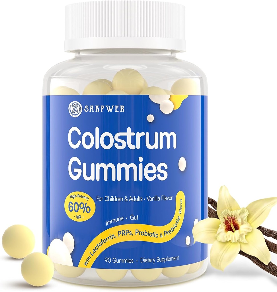 Bovine Colostrum Supplement Gummies - with 60% Highest IgG, Lactoferrin, Probiotics and Prebiotics for Adults and Kids, Vanilla Flavor & Sugar Free, 90 Gummies