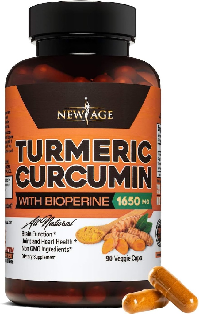 NEW AGE Turmeric Curcumin with Bioperine Capsules - Natural Joint &amp; Healthy Support with 95% Standardized Curcuminoids for Potency & Absorption - Non-GMO, Gluten Free (90 Count (Pack of 1))