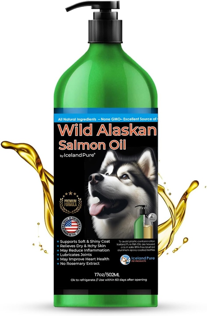 Salvaje Aceite de Salmón de Alaska para Perros y Gatos por Islandia Puro Ø 1,043 mg de Omega-3 por Teaspoon ANTE Salmon Oil " Pollock Blend ANTE BPA-Free Brushed Aluminum Epoxy Coated Bottle with Pump - 17 oz