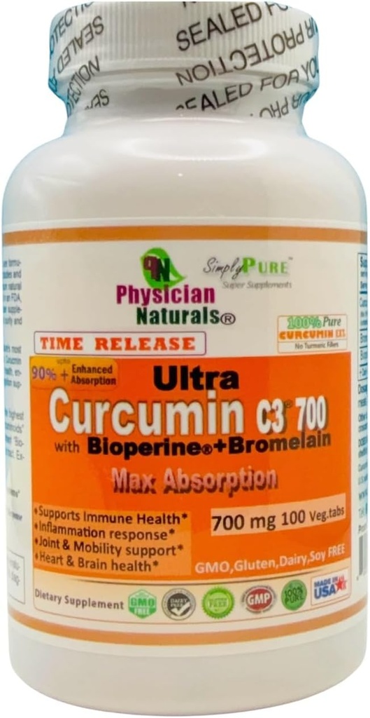 Ultra Curcumin C3 Time Release w Bioperine y Bromelain Time Release 700mg 100 Veg.tabs Max Absorption