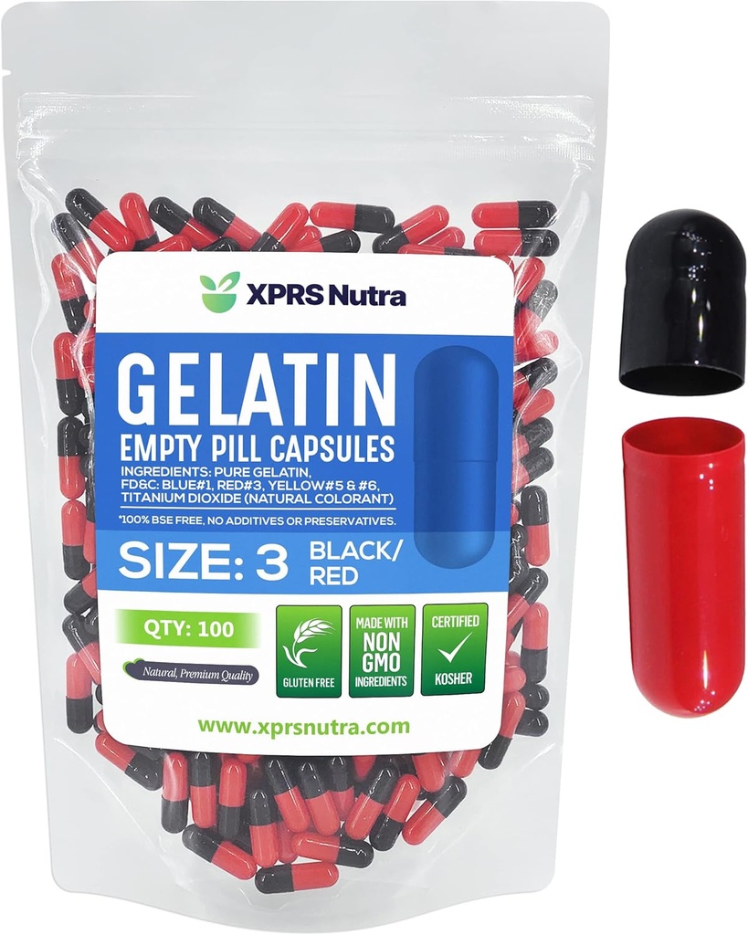XPRS Nutra Size 3 Empty Capsules - 100 Conde Empty Gelatin Capsules - Pills DIY Capsule Filling - Pure Bovine Pill Gel Caps Fillable for Do-It-Yourself Vitamins and Supplements (Black/Red)
