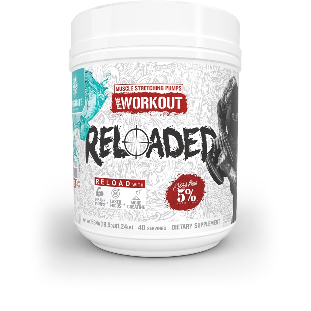 5% Nutrición Rich Piana Reloaded High Stim Pre-Workout Ø Ultra Energy, Focus, Pumps, Power ' Endurance ← Citrulline, GlycerSize, Nitrosigine, Creatine, Choline, Huperzine A (Frostbite)