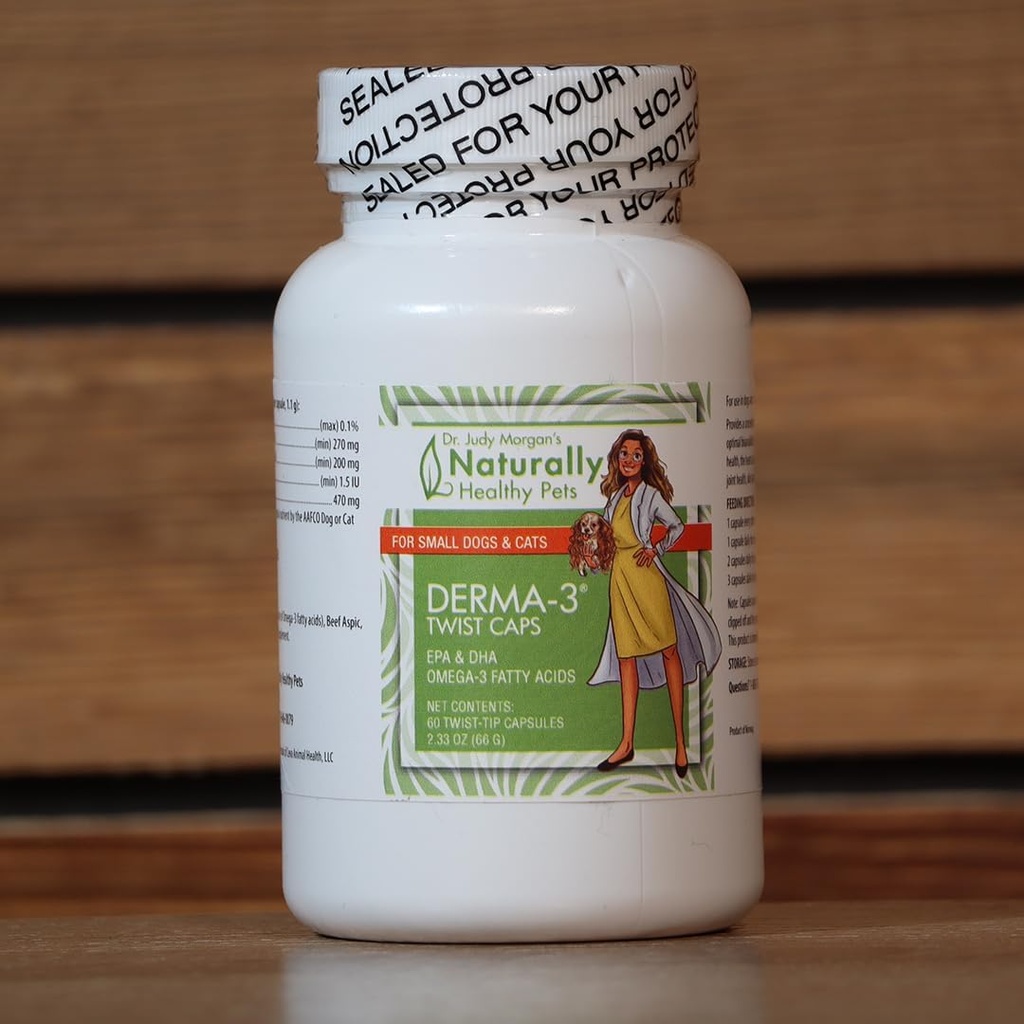 Las mascotas naturalmente saludables del Dr. Judy Morgan Derma-3 Omega3 Twist Caps para perros y gatos (pequeña)