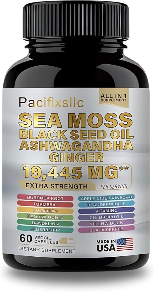 Sea Moss Black Seed Oil Ashwagandha Ginger Vitamin C & D3 with Black Pepper for Men & Women